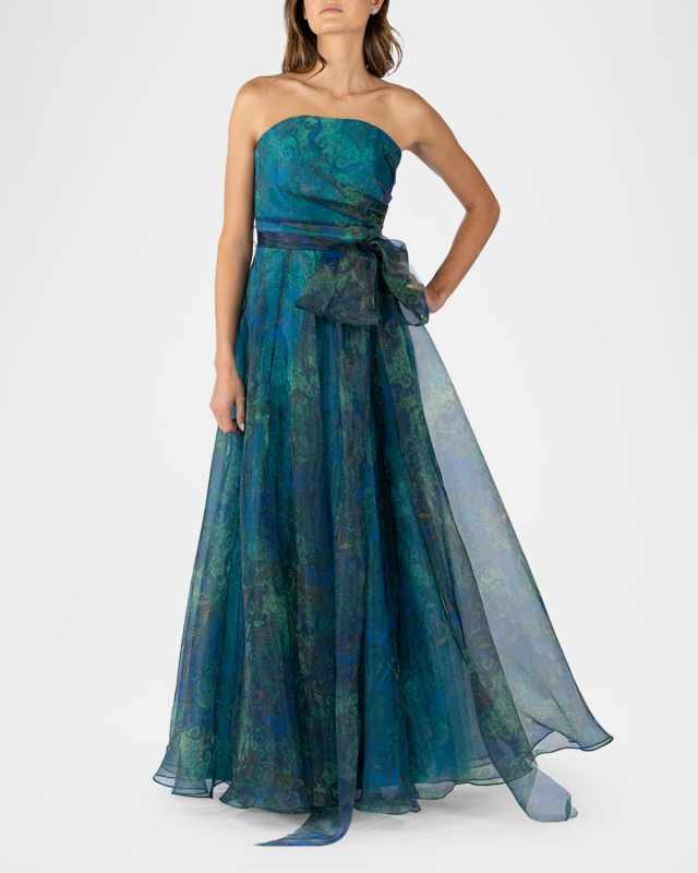 Strapless Floral-Print Organza Gown